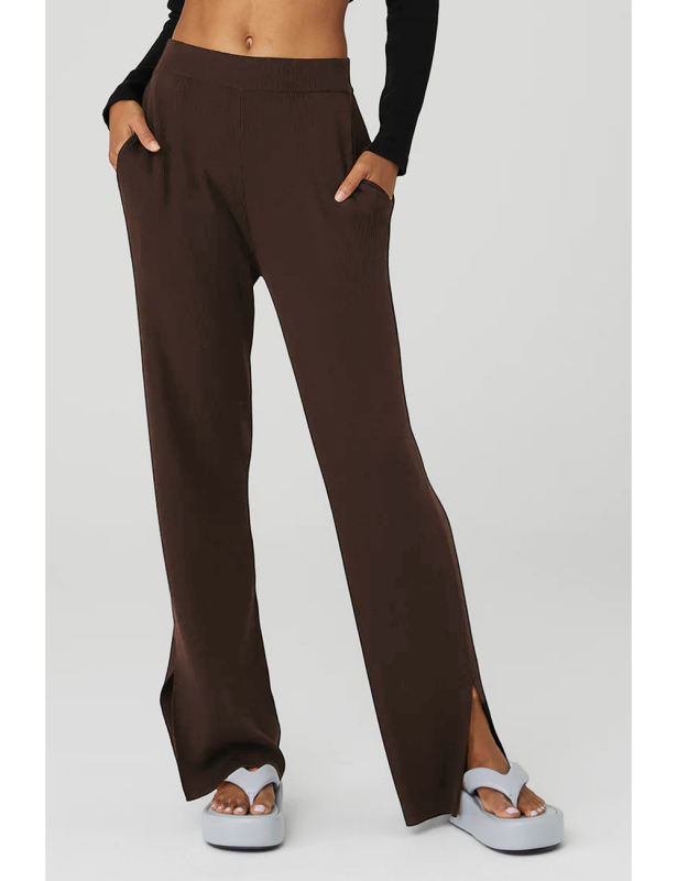 Brown Solid Color Loose Fit Yoga Pants