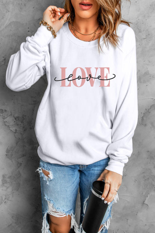 White LOVE Embroidered Crew Neck Drop Shoulder Sweatshirt