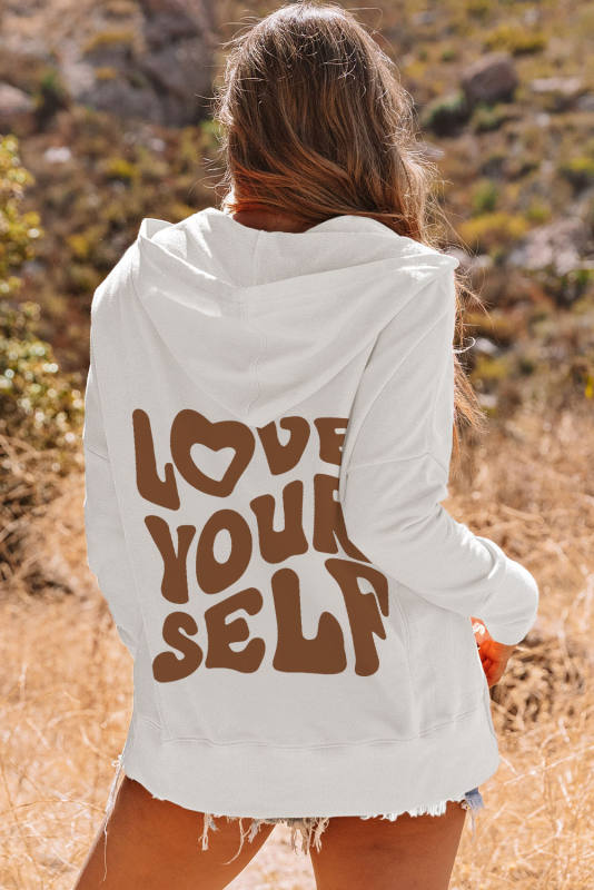 White LOVE YOURSELF Graphic Snap Buttons Pullover Hoodie