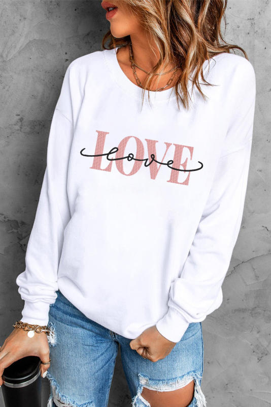 White LOVE Embroidered Crew Neck Drop Shoulder Sweatshirt