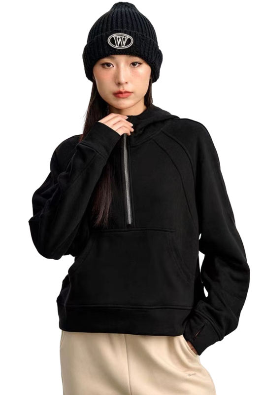 Black Half Zipper Pocket Pullover Hoodie