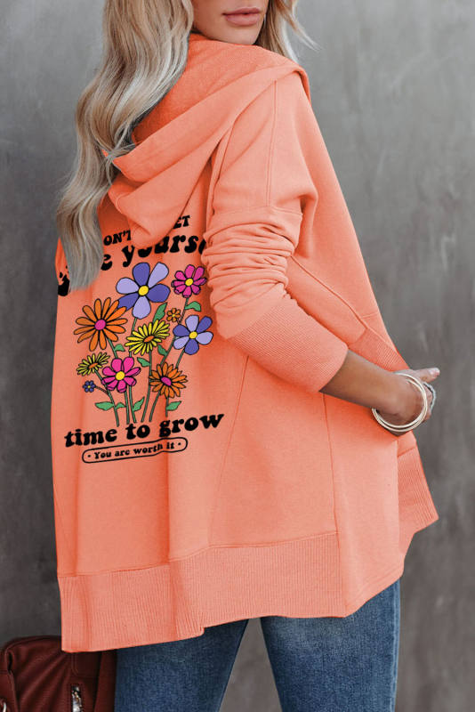 Orange Flower Slogan Graphic Henley Hoodie