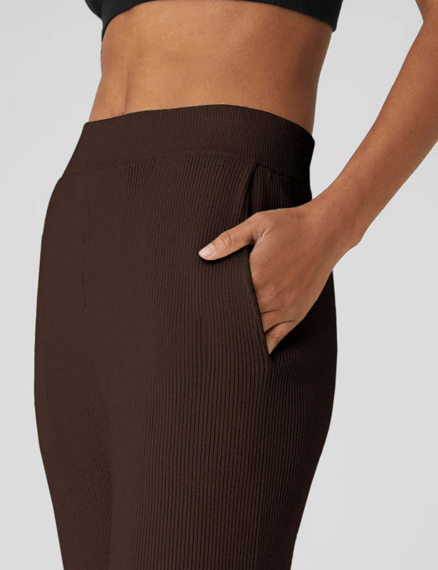 Brown Solid Color Loose Fit Yoga Pants