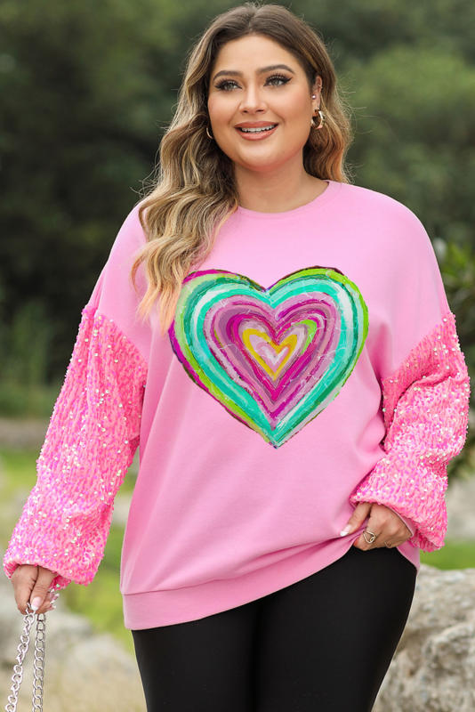 Pink Heart Shaped Sequin Sleeve Drop Sleeve Plus Size Sweatshirt