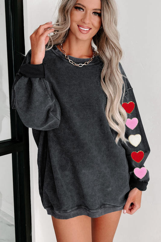 Black Heart Chenille Embroidered Corded Pullover Sweatshirt