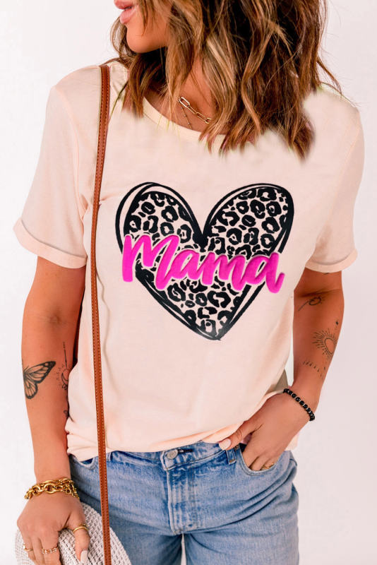 Pink Puff mama Leopard Heart Shaped Print Crew Neck T Shirt