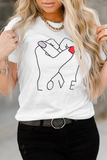 White Valentine LOVE Gesture Print Crew Neck T Shirt