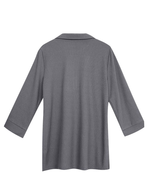 Gray 3/4 Sleeve Half Zip Polo Neck Blouse