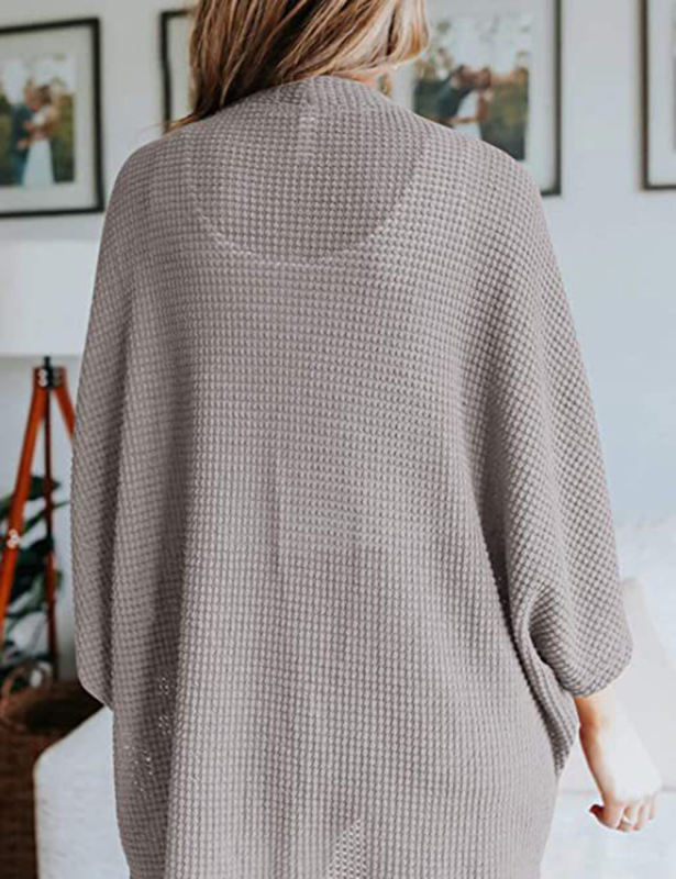Gray Waffle Open Front Knit Cardigan Top