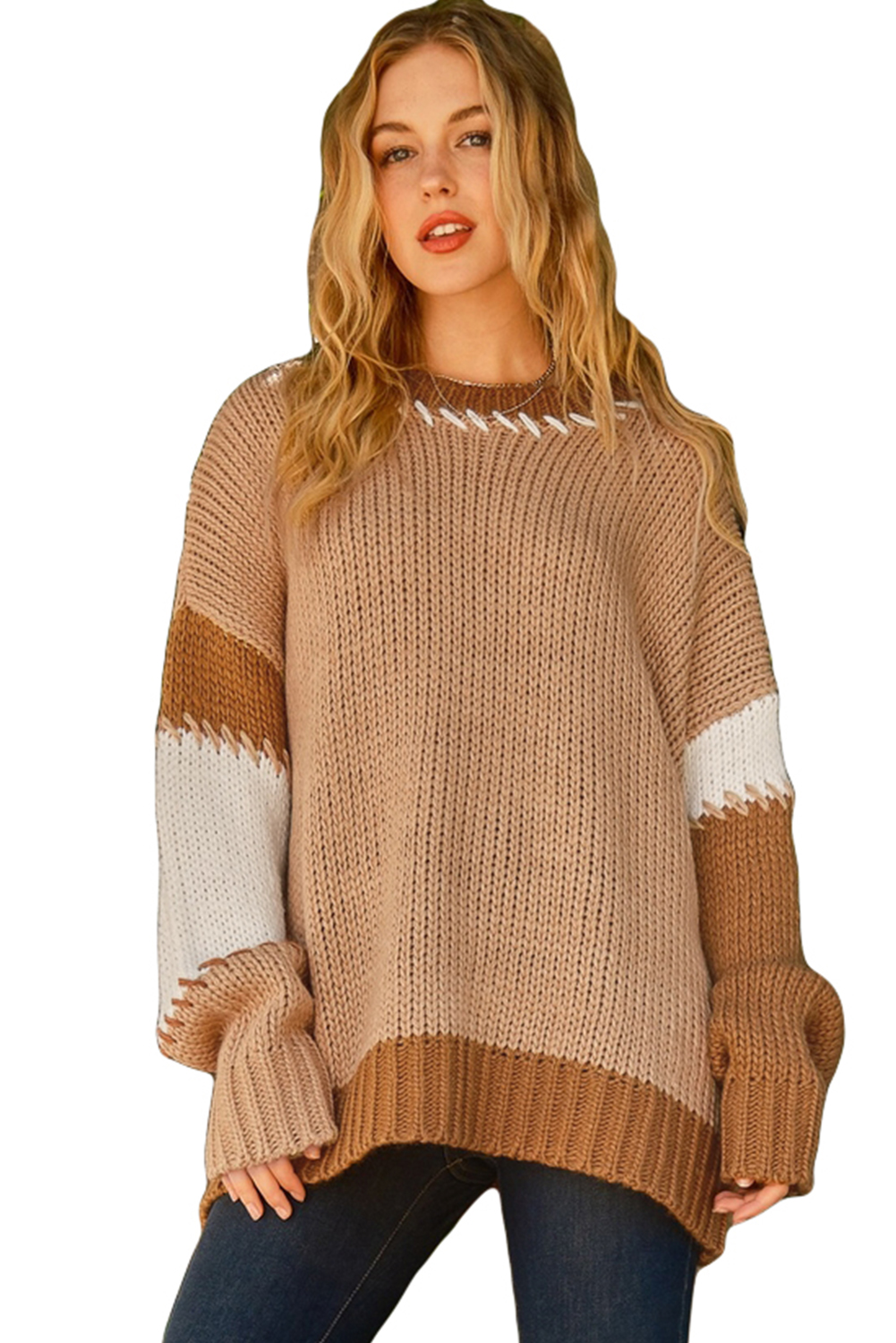 Light French Beige Mineral Wash Big Bow Patchwork Pullover Sweatshirt
