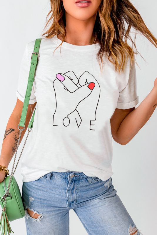 White Valentine LOVE Gesture Print Crew Neck T Shirt