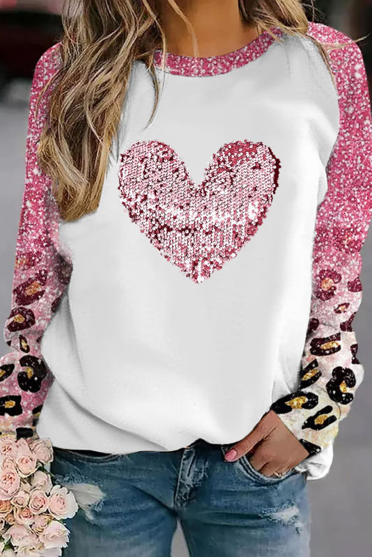Pink Sequined Heart Shaped Leopard Sleeve Graphic T Shirt