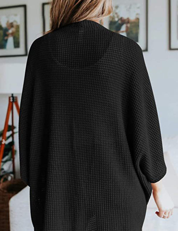 Black Waffle Open Front Knit Cardigan Top