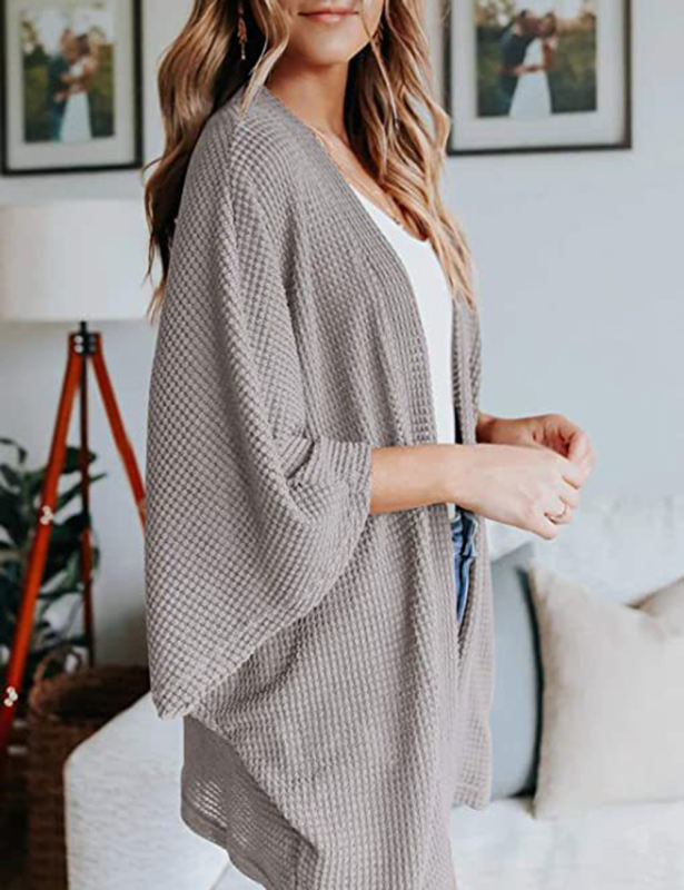 Gray Waffle Open Front Knit Cardigan Top