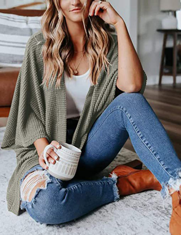 Green Waffle Open Front Knit Cardigan Top
