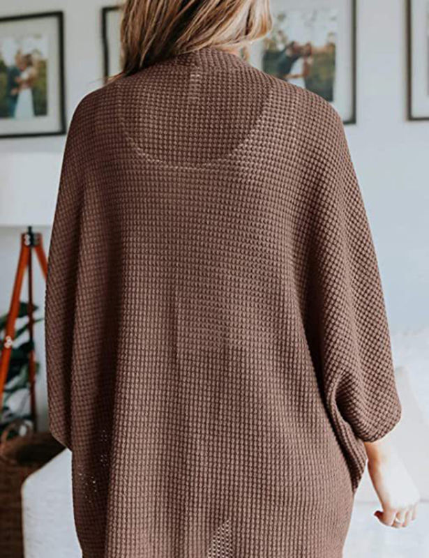 Coffee Waffle Open Front Knit Cardigan Top