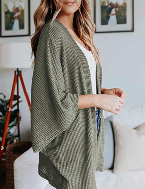 Green Waffle Open Front Knit Cardigan Top