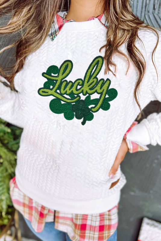 White Lucky Applique Cable Knit Pullover Sweatshirt