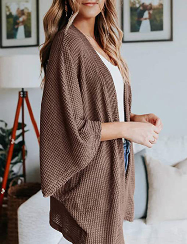 Coffee Waffle Open Front Knit Cardigan Top