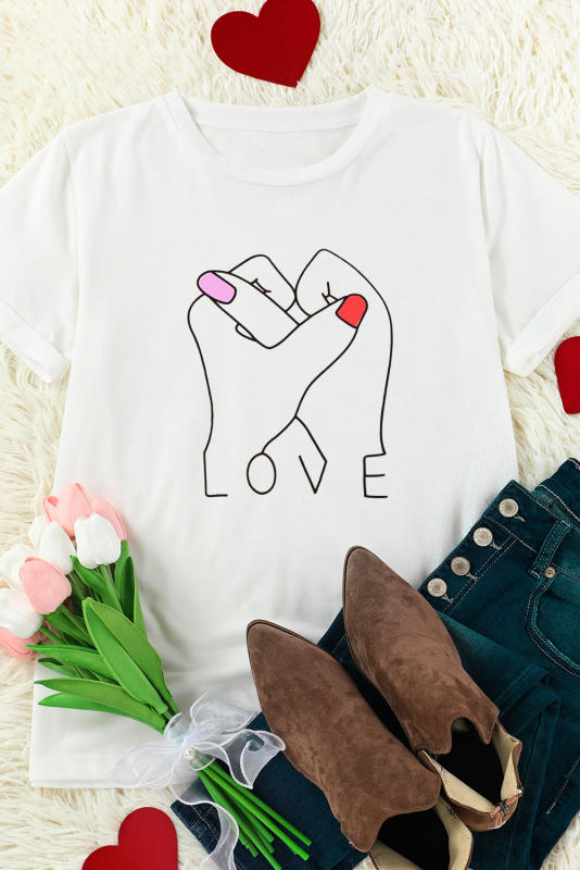 White Valentine LOVE Gesture Print Crew Neck T Shirt