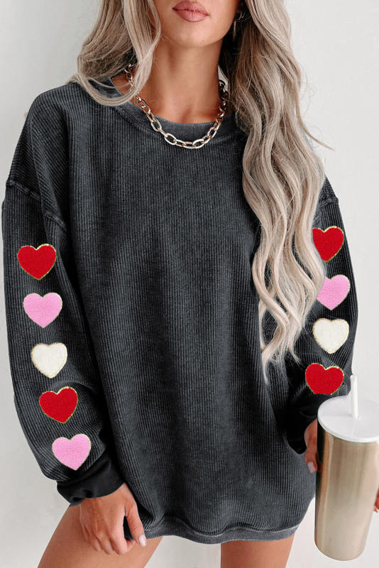 Black Heart Chenille Embroidered Corded Pullover Sweatshirt