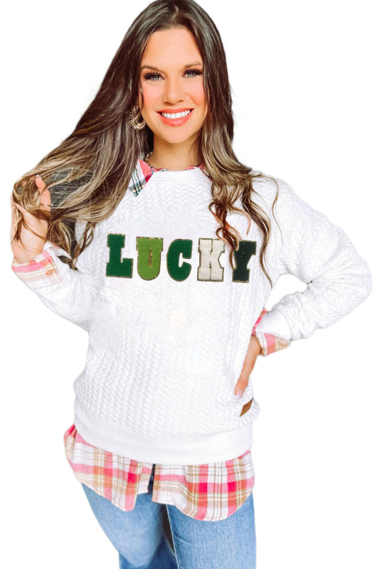White LUCKY Chenille Embroidered Cable Knit Pullover Sweatshirt