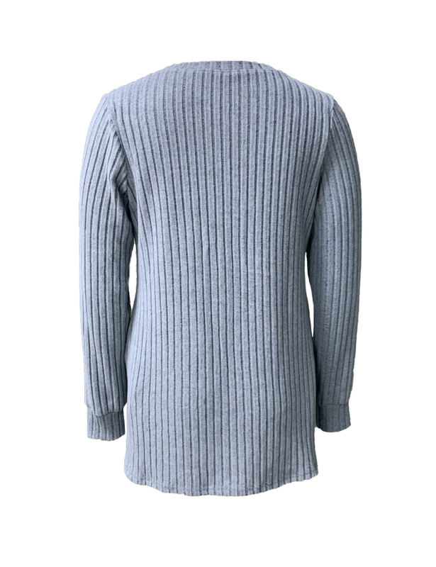 Grey-bluish Rib V Neck Side Slit Pocket Long Sleeve Tops