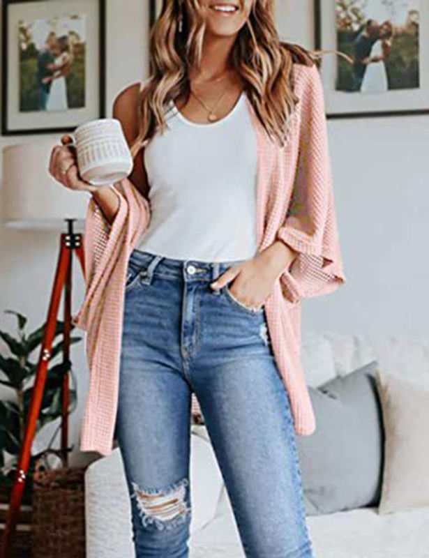 Pink Waffle Open Front Knit Cardigan Top