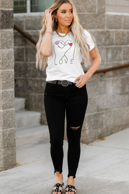 White Valentine LOVE Gesture Print Crew Neck T Shirt