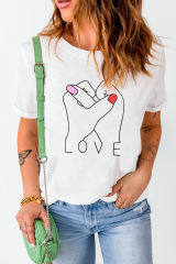 White Valentine LOVE Gesture Print Crew Neck T Shirt