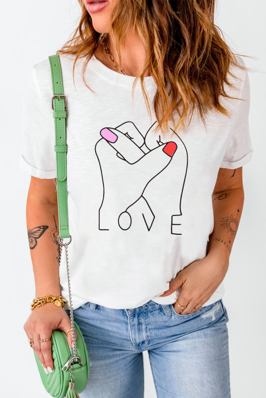 White Valentine LOVE Gesture Print Crew Neck T Shirt
