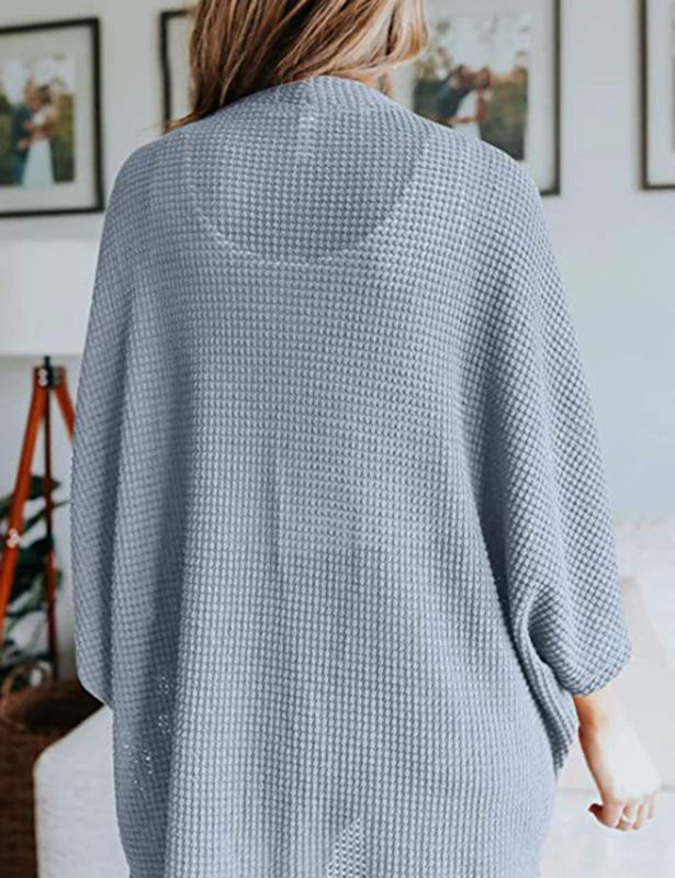 Light Blue Waffle Open Front Knit Cardigan Top