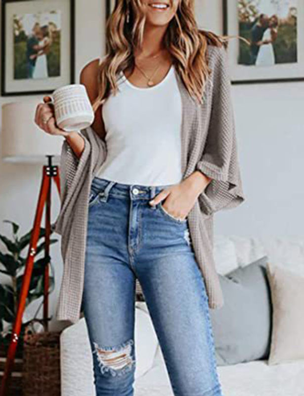 Gray Waffle Open Front Knit Cardigan Top