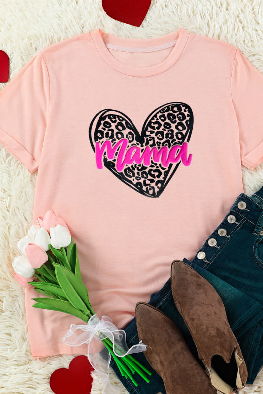 Pink Puff mama Leopard Heart Shaped Print Crew Neck T Shirt