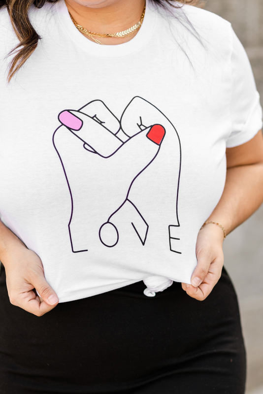 White Valentine LOVE Gesture Print Crew Neck T Shirt
