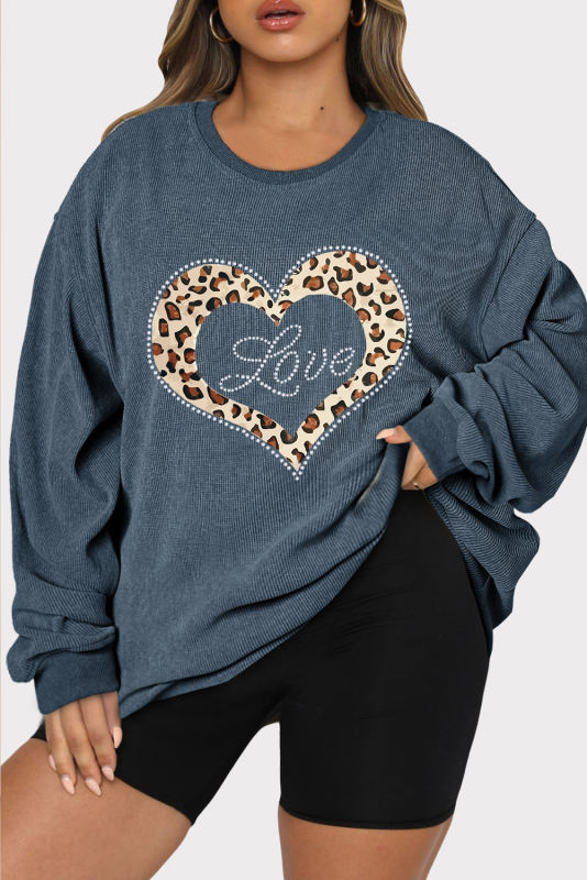 Blue Love Leopard Heart Print Corded Plus Sweatshirt