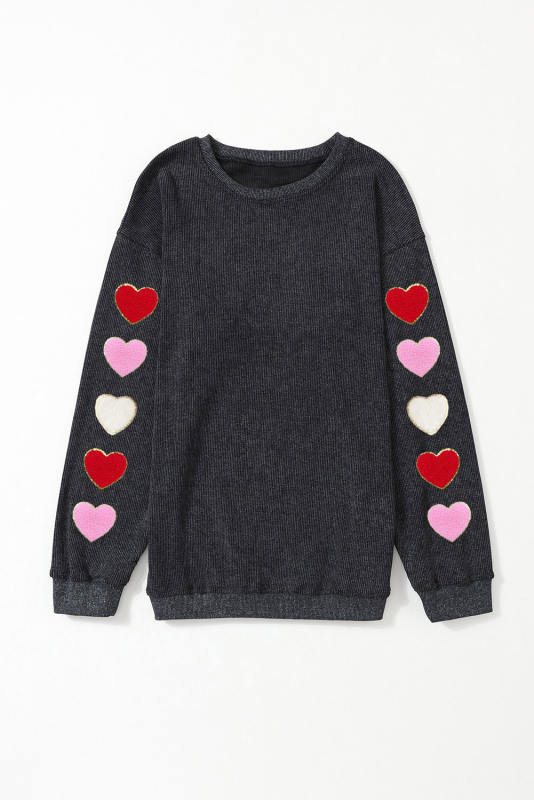Black Heart Chenille Embroidered Corded Pullover Sweatshirt