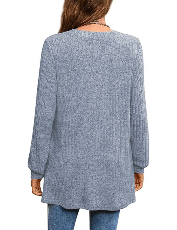 Grey-bluish Rib V Neck Side Slit Pocket Long Sleeve Tops