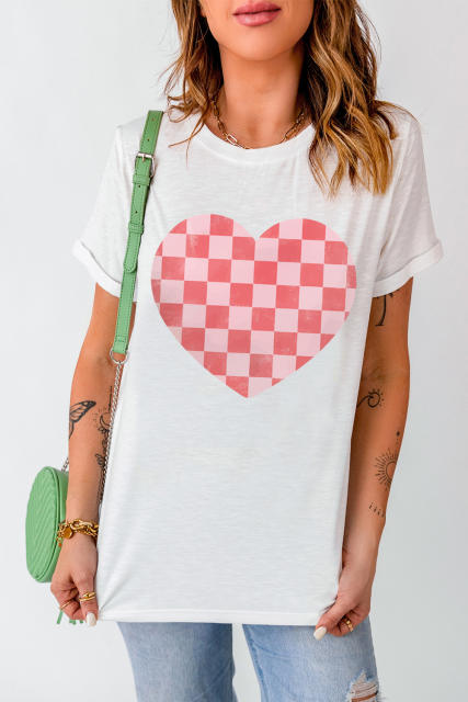 White Checkered Heart Print Valentines T-shirt