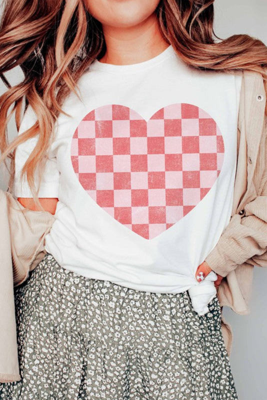 White Checkered Heart Print Valentines T-shirt