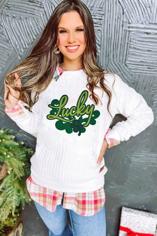 White Lucky Applique Cable Knit Pullover Sweatshirt