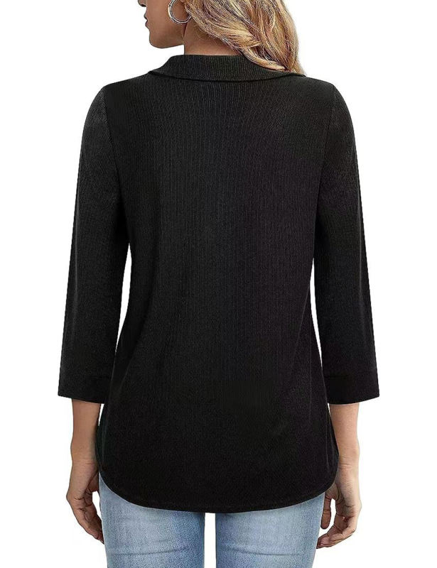 Black 3/4 Sleeve Half Zip Polo Neck Blouse