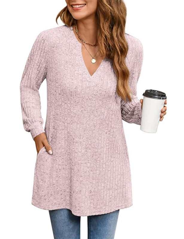 Pink Rib V Neck Side Slit Pocket Long Sleeve Tops