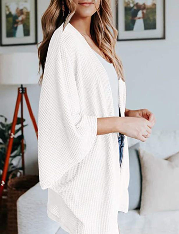 White Waffle Open Front Knit Cardigan Top