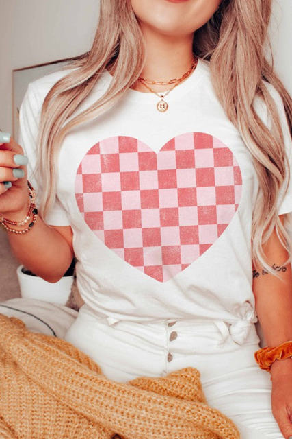 White Checkered Heart Print Valentines T-shirt