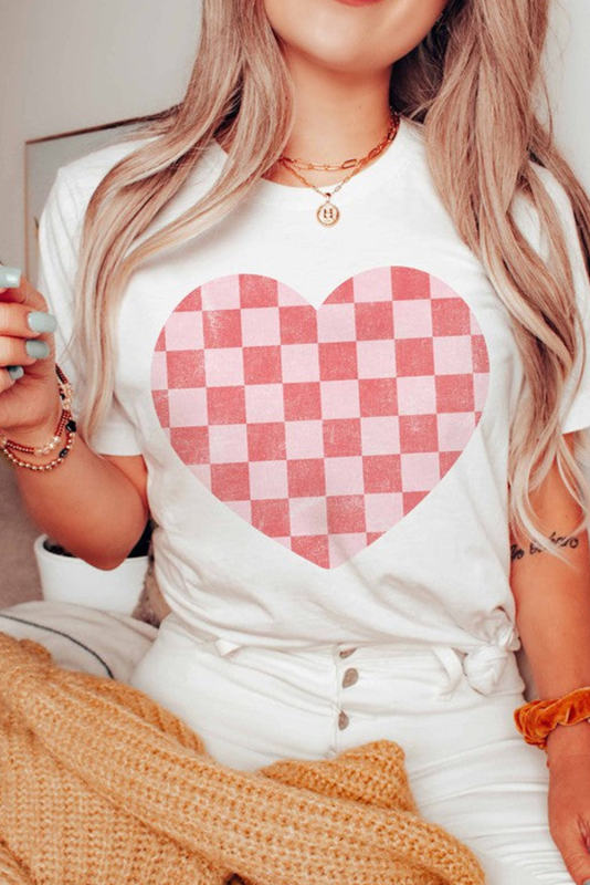 White Checkered Heart Print Valentines T-shirt