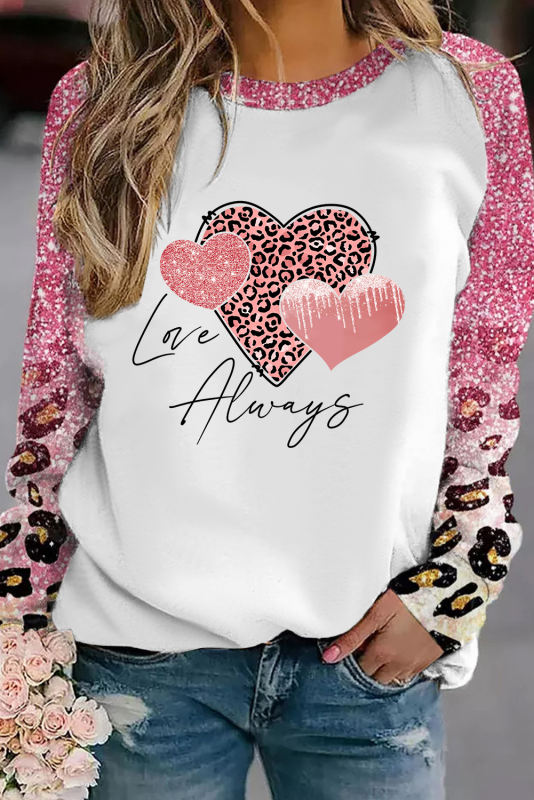 Pink Valentine Leopard Heart Shaped Raglan Sleeve T Shirt