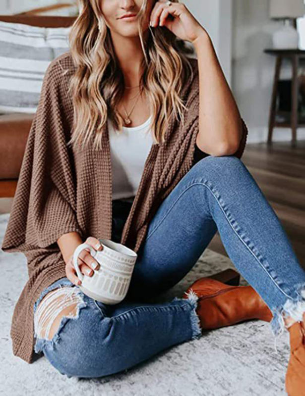 Coffee Waffle Open Front Knit Cardigan Top