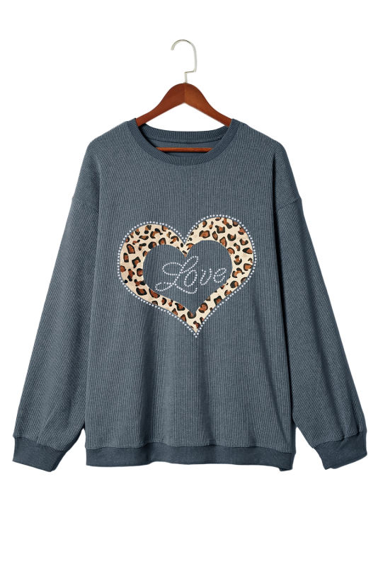Blue Love Leopard Heart Print Corded Plus Sweatshirt