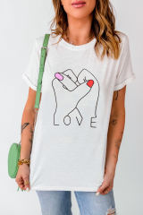 White Valentine LOVE Gesture Print Crew Neck T Shirt